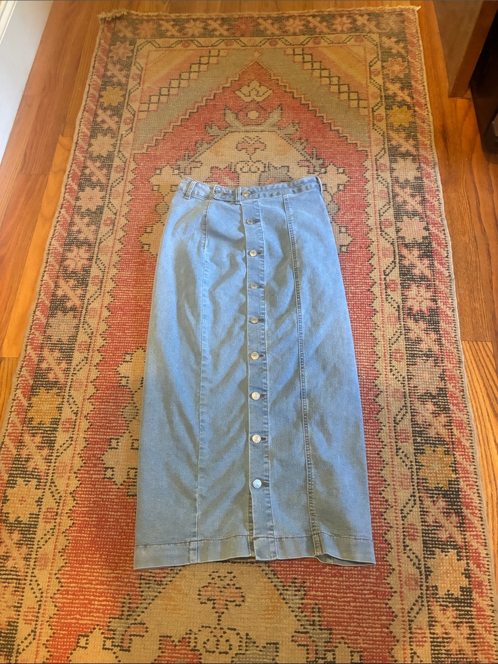 Classic Light Blue Denim Button-Front Midi Skirt
